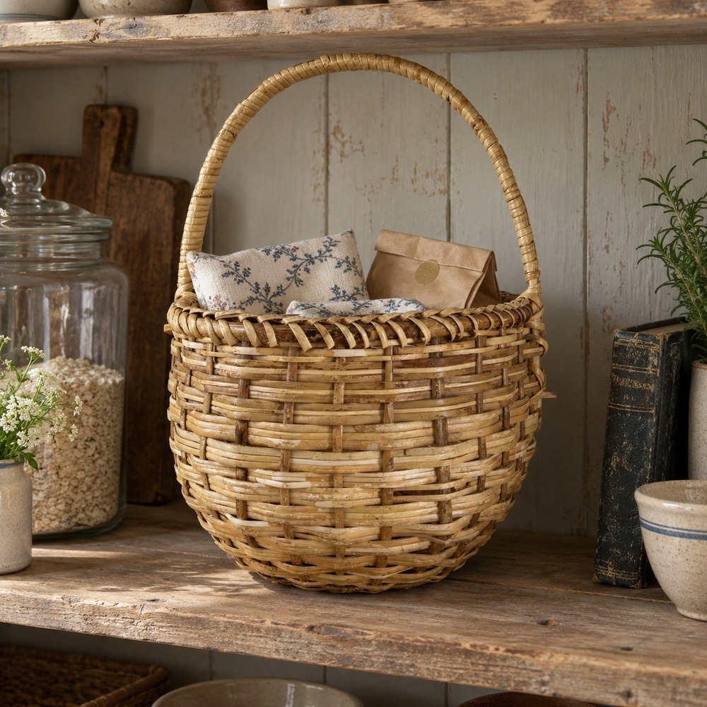Vintage Wicker Gathering Basket Handled Pantry Storage English Cottage